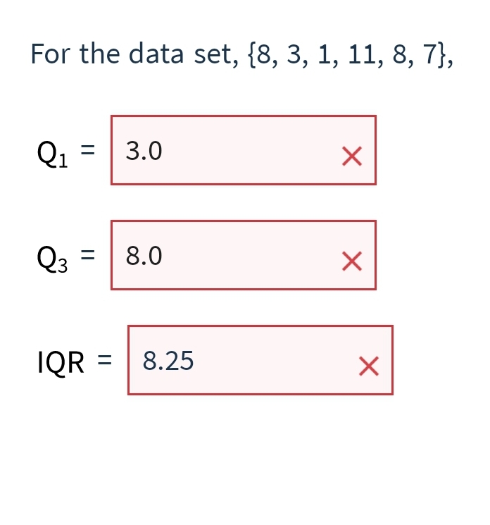 For the data set, {8, 3, 1, 11, 8, 7},
Q1
3.0
%3D
Q3
8.0
IQR = | 8.25
||
||
