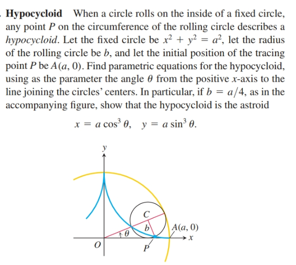 Hypocycloid When a circle rolls on the inside of a fixed circle,
any point P on the circumference of the rolling circle describes a
hypocycloid. Let the fixed circle be x² + y² = a², let the radius
of the rolling circle be b, and let the initial position of the tracing
point P be A(a, 0). Find parametric equations for the hypocycloid,
using as the parameter the angle 0 from the positive x-axis to the
line joining the circles' centers. In particular, if b = a/4, as in the
accompanying figure, show that the hypocycloid is the astroid
x = a cos 0, y = a sin³ 0.
A(a, 0)
