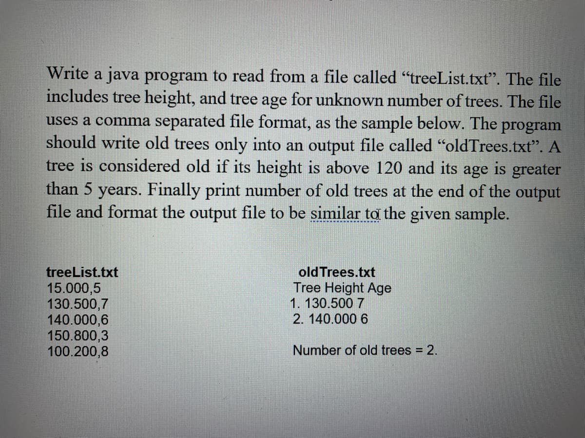 Write a java program to read from a file called "treeList.txť". The file
includes tree height, and tree age for unknown number of trees. The file
uses a comma separated file format, as the sample below. The program
should write old trees only into an output file called "oldTrees.txt". A
tree is considered old if its height is above 120 and its
age
is
greater
than 5 years. Finally print number of old trees at the end of the output
file and format the output file to be similar tơ the given sample.
treeList.txt
old Trees.txt
Tree Height Age
15.000,5
130.500,7
140.000,6
150.800,3
100.200,8
1. 130.500 7
2. 140.000 6
Number of old trees = 2.
