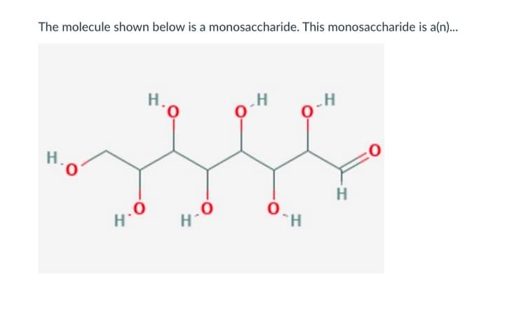 The molecule shown below is a monosaccharide. This monosaccharide is a(n)...
T
H.
0
0
H*
H.Q
H-O
O-H
0
O-H
"H
H
