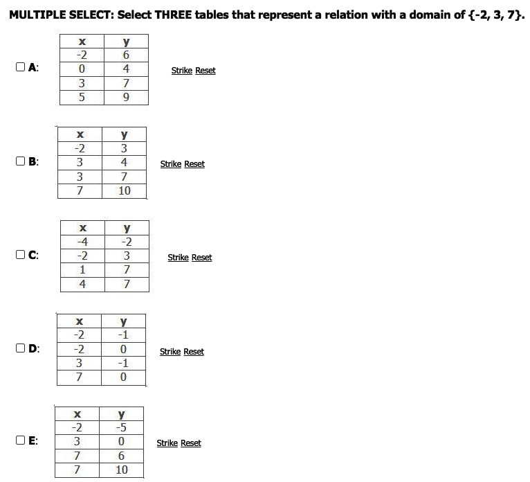 MULTIPLE SELECT: Select THREE tables that represent a relation with a domain of {-2, 3, 7}.
y
6
-2
A:
4
Strike Reset
3
7
X
y
-2
B:
Strike Reset
3
7
7
10
-4
y
-2
OC:
-2
3
Strike Reset
1
4
7
-2
-1
O D:
-2
Strike Reset
3
-1
7
-2
E:
3
Strike Reset
7
7
10
>34
>5O6
