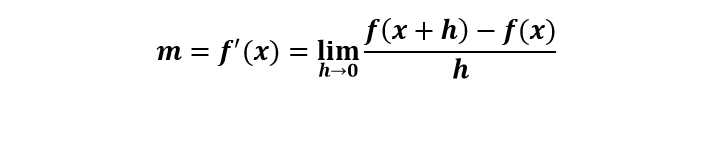 f (x + h) – f(x)
m = f'(x) = lim
h→0
h
