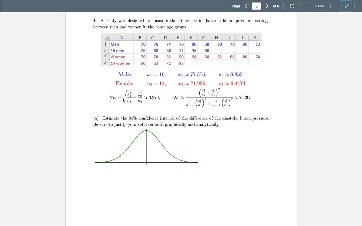 Page
5
> of 6
ZOOM +
4. A study was designed to measure the difference in diastolic blood pressure readings
between men and women in the same age group.
A
В
C
E
F
H
1 Men
76
76
74
70
80
68
90
70
90
72
2 16 men
76
80
68
72
96
80
3 Women
76
70
82
90
68
60
62
68
80
74
4 14 women
60
62
72
83
Male:
nį = 16,
ã1 = 77.375,
$1 = 8.350.
Female:
n2 = 14,
T2 = 71.929,
82 2 9.4174.
( +)
SE =
- 3.270,
n2
= 26.265.
DF -
+
ni-1
(a) Estimate the 95% confidence interval of the difference of the diastolic blood pressure.
Be sure to justify your solution both graphically and analytically.
