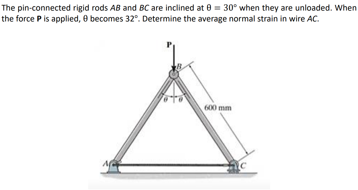 The pin-connected rigid rods AB and BC are inclined at 0 =
the force P is applied, 0 becomes 32°. Determine the average normal strain in wire AC.
30° when they are unloaded. When
600 mm
