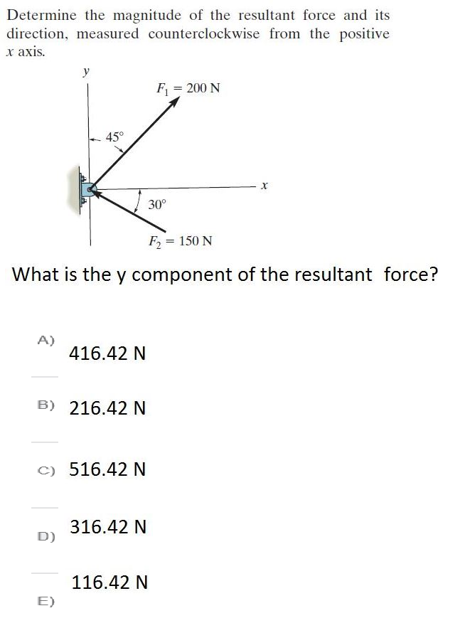 Determine the magnitude of the resultant force and its
direction, measured counterclockwise from the positive
x axis.
y
F = 200 N
45°
30°
F2 = 150 N
What is the y component of the resultant force?
A)
416.42 N
B) 216.42 N
C) 516.42 N
316.42 N
D)
116.42 N
E)
