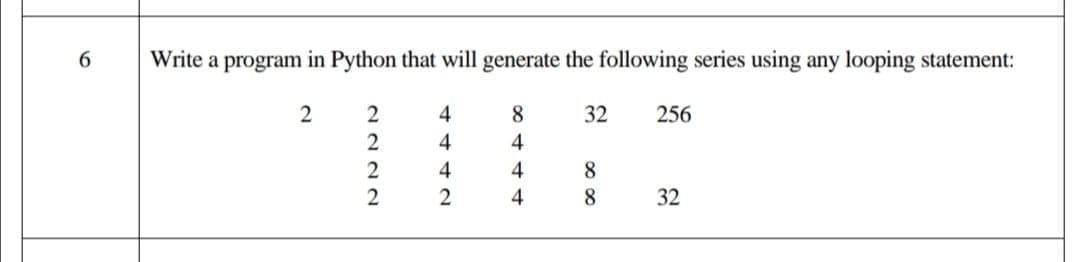 6.
Write a program in Python that will generate the following series using any looping statement:
2
4
8
32
256
4
4
4
8.
2
4
8.
32
