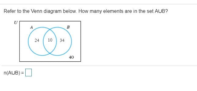 Refer to the Venn diagram below. How many elements are in the set AUB?
U
B
10 34
40
n(AUB) =|
24
