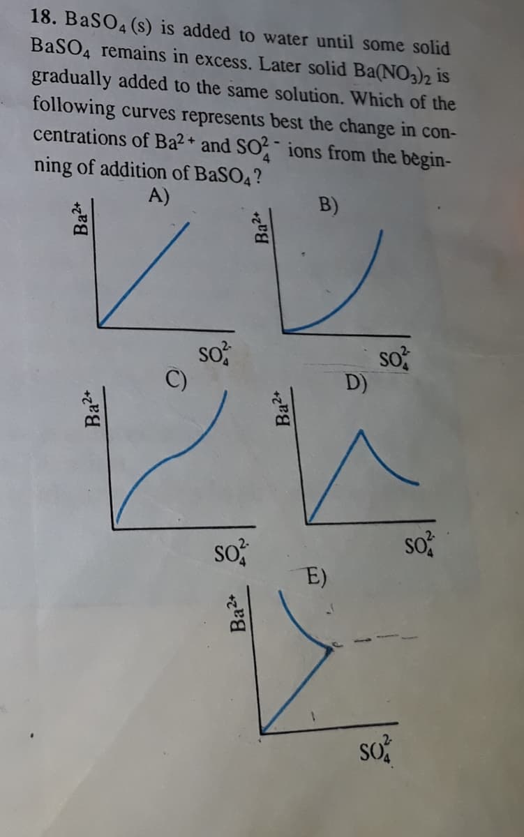 18. BaSO4 (s) is added to water until some solid
BaSO4 remains in excess. Later solid Ba(NO3)2 is
gradually added to the same solution. Which of the
following curves represents best the change in con-
centrations of Ba2+ and SO? ¯ ions from the bègin-
ning of addition of BaSO4?
A)
B)
so?
so?
D)
so?
so
E)
So
Ba2+
Ba2+
Ba2+
Ba2
Ba2
