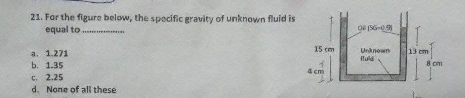 21. For the figure below, the specific gravity of unknown fluid is
equal to ................
a. 1.271
b. 1.35
c. 2.25
d. None of all these
15 cm
4 cm
Oil (SG-0.9)
Unknown
fluid
13 cm
8 cm