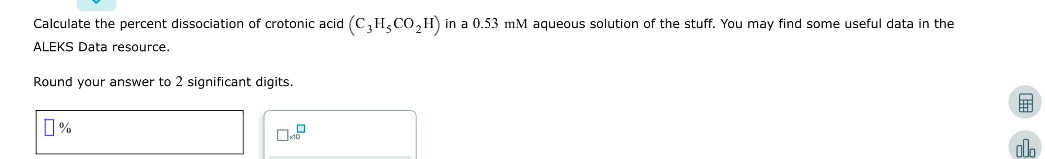 Calculate the percent dissociation of crotonic acid (C, H,CO,H) in a 0.53 mM aqueous solution of the stuff. You may find some useful data in the
ALEKS Data resource.
Round your answer to 2 significant digits.
O%
Dx10
ol.
