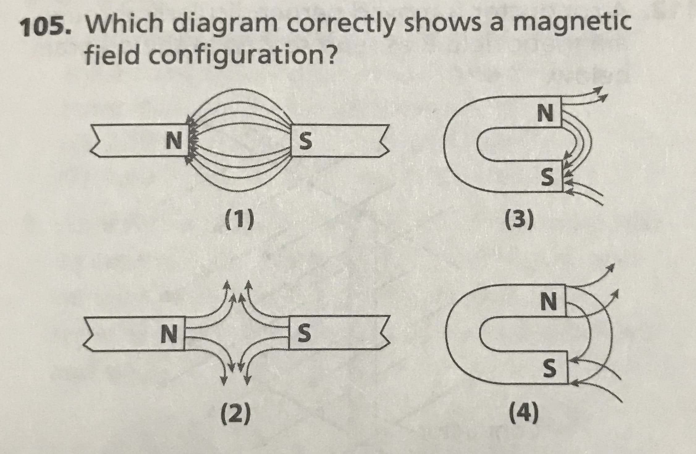 Which diagram correctly shows a magnetic
field configuration?
