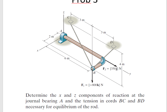 wwwi
`3 m
3 m
2 m
6 m
4 m
F, = {350j) N
B.
F, = (-800k} N
Determine the x and z components of reaction at the
journal bearing A and the tension in cords BC and BD
necessary for equilibrium of the rod.
