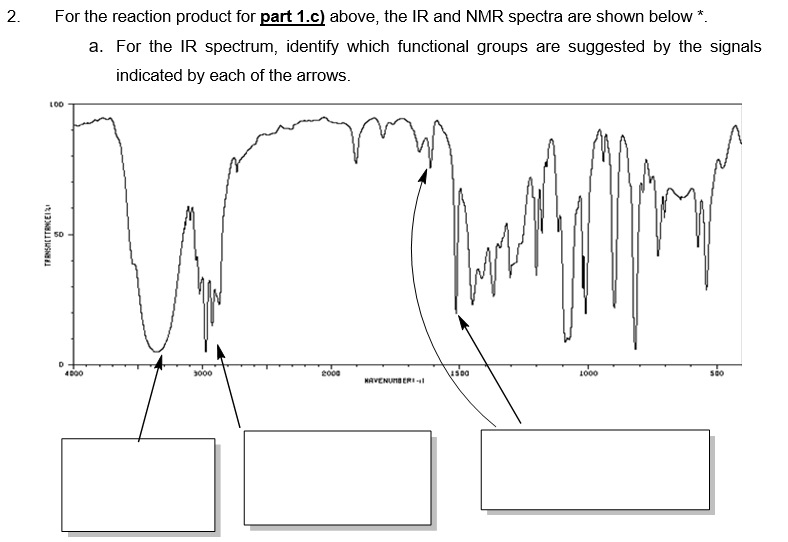 2.
For the reaction product for part 1.c) above, the IR and NMR spectra are shown below *.
a. For the IR spectrum, identify which functional groups are suggested by the signals
indicated by each of the arrows.
100
TRANSMITTENCELAI
50
D
4000
3000
2000
HAVENUMBER
4500
1000
500