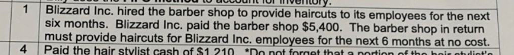 Blizzard Inc. hired the barber shop to provide haircuts to its employees for the next
six months. Blizzard Inc. paid the barber shop $5,400. The barber shop in return
must provide haircuts for Blizzard Inc. employees for the next 6 months at no cost.
4
1
Paid the hair stylist cash of $1.210. *Do not forget that a portion of tho hnir
