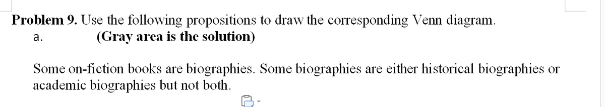Problem 9. Use the following propositions to draw the corresponding Venn diagram.
а.
(Gray area is the solution)
Some on-fiction books are biographies. Some biographies are either historical biographies or
academic biographies but not both.

