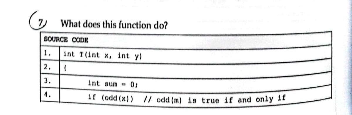 What does this function do?
SOURCE CODE
1.
int T(int x, int y)
2.
3.
int sum
4.
if (odd (x)) |l odd (m) is true if and only 11

