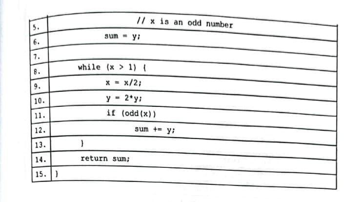 // x is an odd number
5.
sum = y;
6.
7.
while (x > 1) {
8.
9.
;2/X =א
y = 2*y:
if (odd (x))
10.
11.
12.
sum += y;
13.
14.
return sum;
15. )
