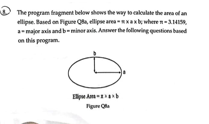 (8.
The program fragment below shows the way to calculate the area of an
ellipse. Based on Figure Q8a, ellipse area = x a x b; where n= 3.14159,
%3D
a = major axis and b=minor axis. Answer the following questions based
%3D
on this program.
a
Ellipse Area = a xaxb
Figure Q8a
