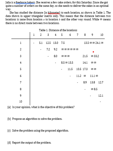 Julia is a freelance hakers, She receives a few cake orders, for this Saturday. Since she got
quite a number of orders on the same day, so she needs to deliver the cakes in an optimal
way.
She has studied the distance (in bilameter) to each location, as shown in Table 1. The
data shown in upper triangular matrix only. This means that the distance between two
locations is same from location a to location b and the other way round. While o means
there is no direct route between two locations.
Table 1: Distance of the locations
2 3 4 5
1
6
7
10
1
5.1 12.5 13.0 7.5
13.5 c0 c0 24.1 00
2
7.2
9.2
00 00 00 00 00 o0
3
8.0
00 00 00
21.5
co 33.2
4
8.5 00 15.5
14.1
00 00
11.5
10.5 17.3
000
6
11.2 00
11.1 00
7
89 13.8
12.7
c0 8.5
12.1
10
(a) In your opinion, what is the objective of this problem?
(b) Propose an algorithm to solve the problem.
(c) Solve the problem using the proposed algorithm.
(d) Report the output of the problem.
