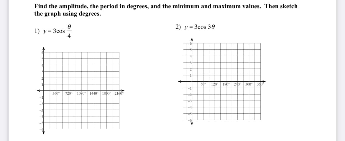 Find the amplitude, the period in degrees, and the minimum and maximum values. Then sketch
the graph using degrees.
1) y = 3cos
0
4
360° 720° 1080° 1440° 1800° 2160⁰
2) y = 3cos 30
60° 1209
180° 240 300° 360⁰
