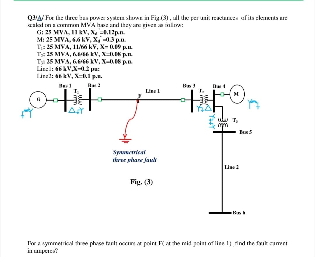 Q3/A/ For the three bus power system shown in Fig.(3) , all the per unit reactances of its elements are
scaled on a common MVA base and they are given as follow:
G: 25 MVA, 11 kV, Xa=0.12p.u.
M: 25 MVA, 6.6 kV, Xа %3D0.3 р.u.
T1: 25 MVA, 11/66 kV, X= 0.09 p.u.
T2: 25 MVA, 6.6/66 kV, X=0.08 p.u.
T3: 25 MVA, 6.6/66 kV, X=0.08 p.u.
Line1: 66 kV,X=0.2 pu:
Line2: 66 kV, X=0.1 p.u.
Bus 1
Bus 2
Bus 3
Bus 4
T
Line 1
T2
M
uw T3
Bus 5
Symmetrical
three phase fault
Line 2
Fig. (3)
Bus 6
For a symmetrical three phase fault occurs at point F( at the mid point of line 1), find the fault current
in amperes?
