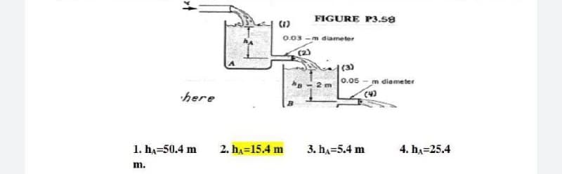 FIGURE P3.58
(1)
0.03 -m diameter
(2)
|(3)
0.05
m diemeter
here
1. ha=50.4 m
2. hA=15.4 m
3. ha=5.4 m
4. ha=25.4
m.
