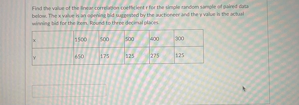 Find the value of the linear correlation coefficient r for the simple random sample of paired data
below. The x value is an opening bid suggested by the auctioneer and the y value is the actual
winning bid for the item. Round to three decimal places.
1500
500
500
400
300
y
650
175
125
275
125
