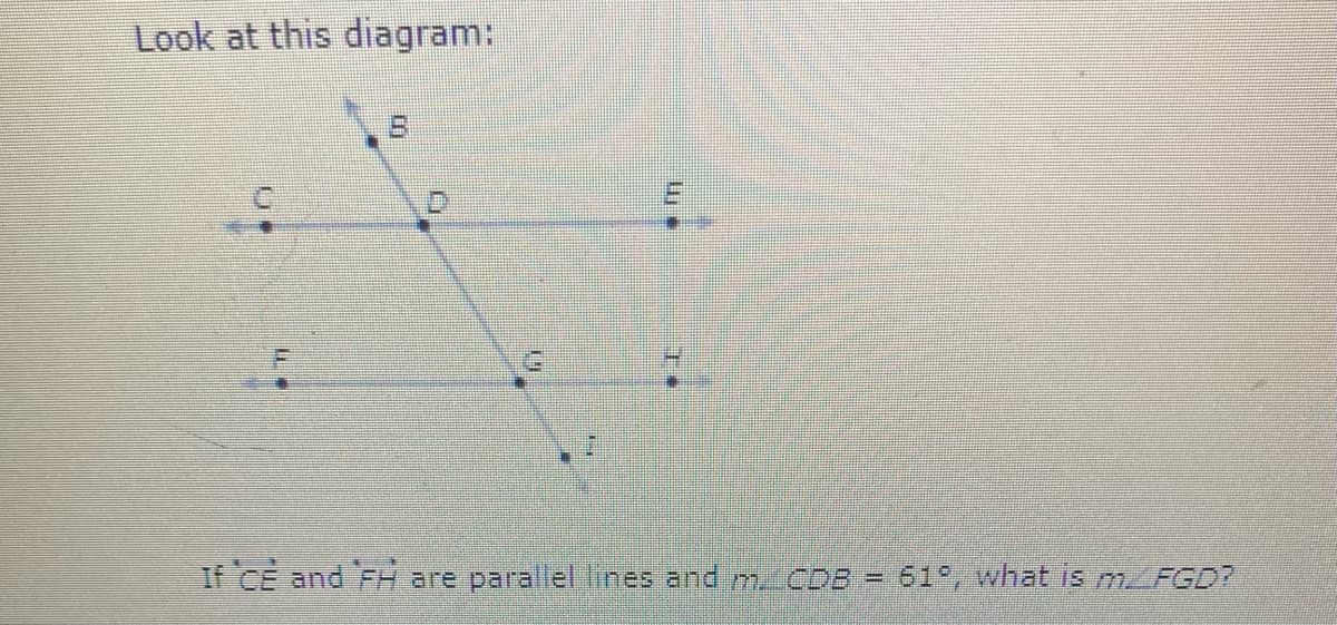 Look at this diagram:
If CE and FH are parallel lines and m CDB =
61°, what is MFGD?
