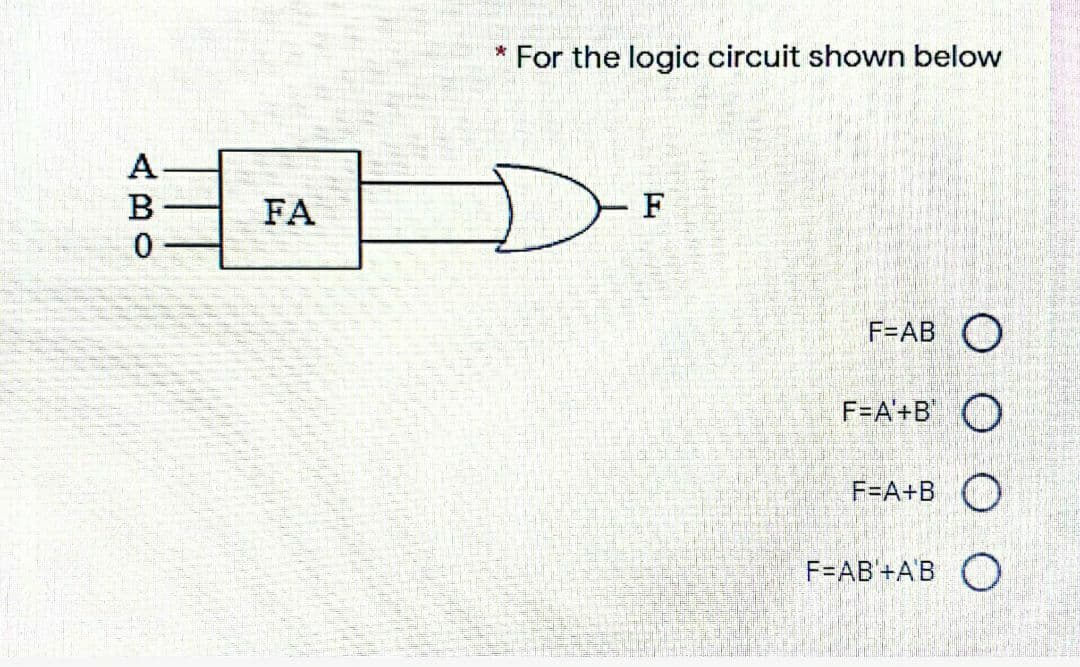 For the logic circuit shown below
A
B
FA
F
F=AB O
F=A'+B"
FEA+B О
F=AB'+A'B
