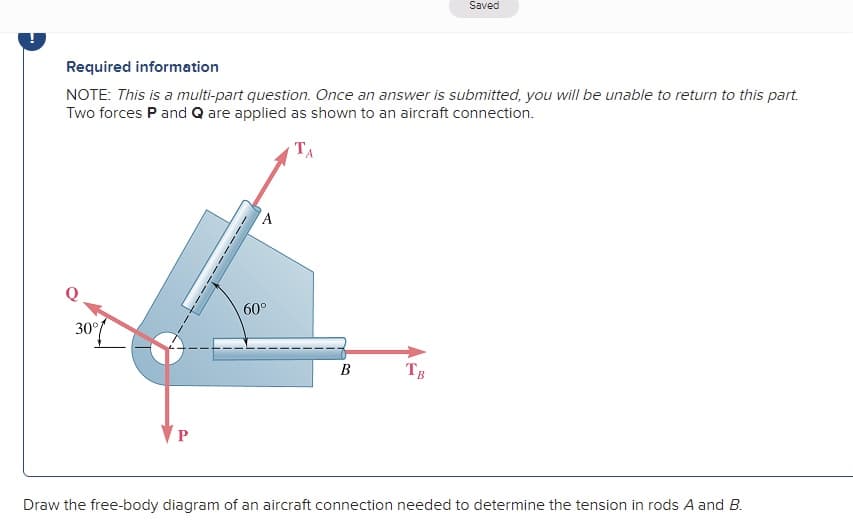 Saved
Required information
NOTE: This is a multi-part question. Once an answer is submitted, you will be unable to return to this part.
Two forces P and Q are applied as shown to an aircraft connection.
TA
60°
30°
B
TB
Draw the free-body diagram of an aircraft connection needed to determine the tension in rods A and B.
---- -
