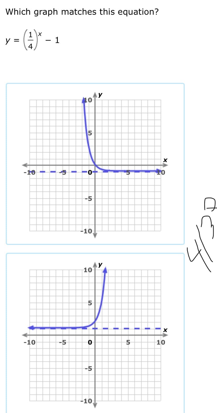 Which graph matches this equation?
- (4" -
1 \x
1
y =
y
-10
To
-5
-10
y
10
5
-10
-5
10
-5
-10,

