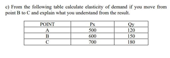 c) From the following table calculate elasticity of demand if you move from
point B to C and explain what you understand from the result.
POINT
Px
Qy
A
500
120
600
150
C
700
180
