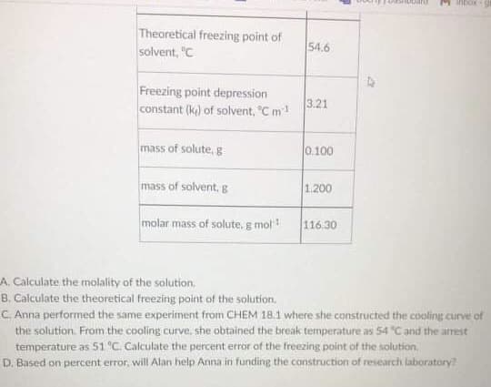 M Inbox
Theoretical freezing point of
solvent, "C
54.6
Freezing point depression
3.21
constant (k) of solvent, "C m1
mass of solute, g
0.100
mass of solvent, g
1.200
molar mass of solute, g mol
116.30
A. Calculate the molality of the solution.
B. Calculate the theoretical freezing point of the solution.
C Anna performed the same experiment from CHEM 18.1 where she constructed the cooling curve of
the solution. From the cooling curve, she obtained the break temperature as 54 "C and the arrest
temperature as 51 C Calculate the percent error of the freezing point of the solution,
D. Based on percent error, will Alan help Anna in funding the construction of research laboratory?
