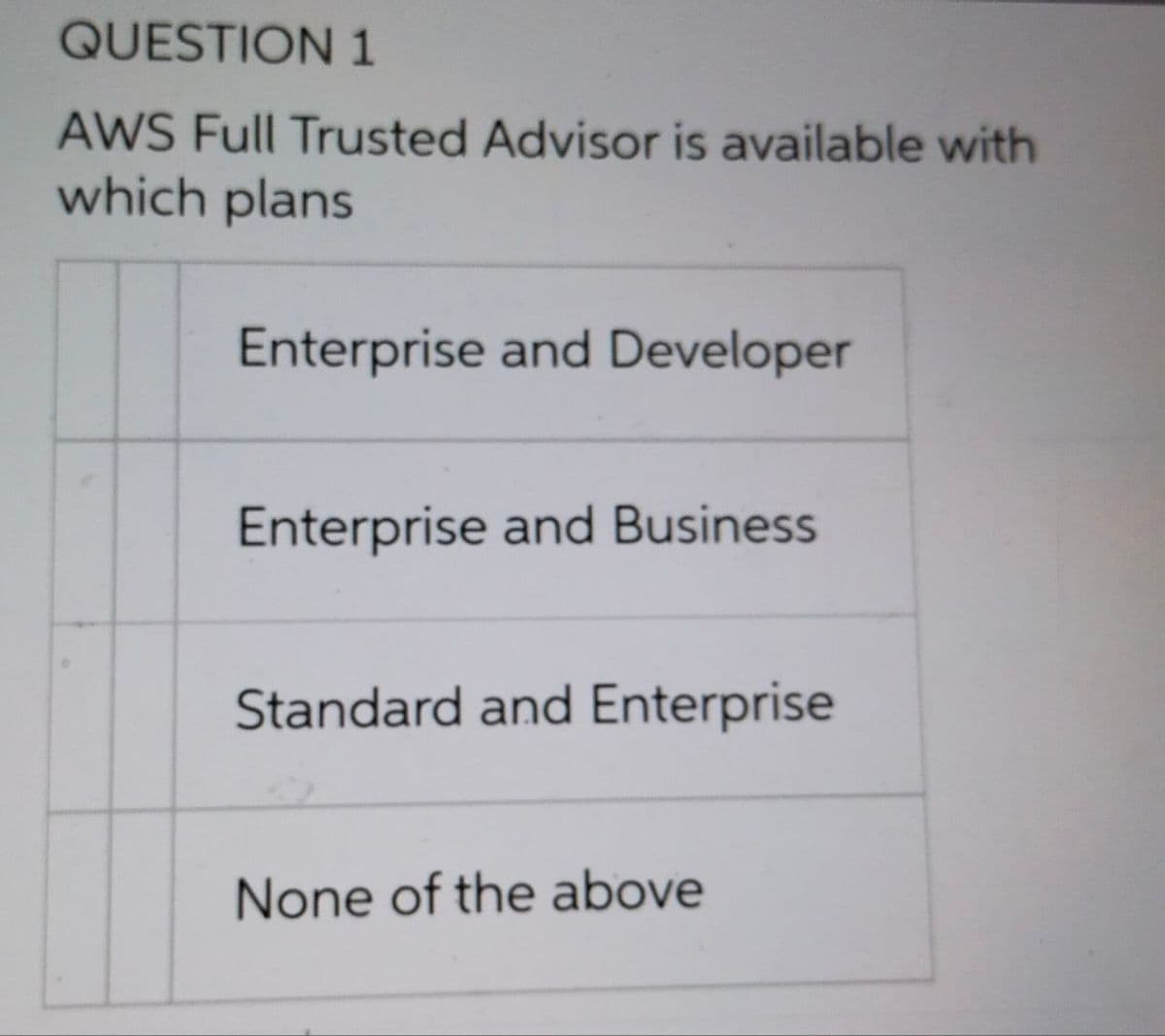 QUESTION 1
AWS Full Trusted Advisor is available with
which plans
Enterprise and Developer
Enterprise and Business
Standard and Enterprise
None of the above
