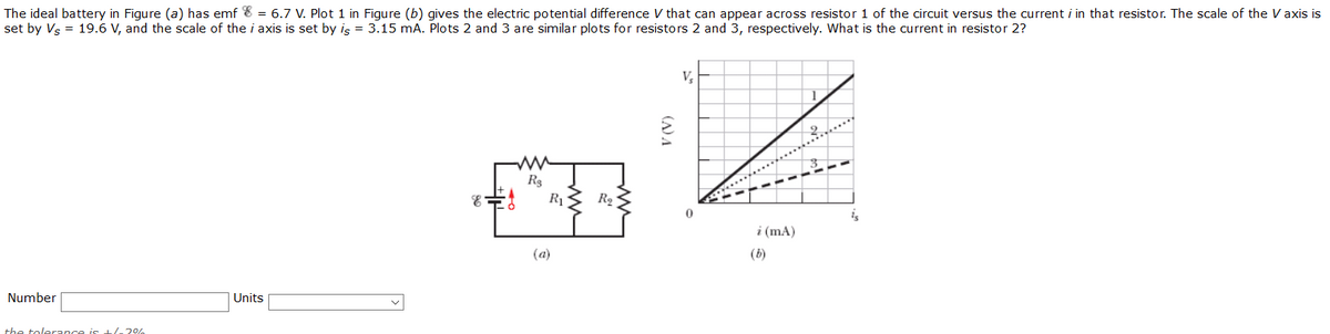 The ideal battery in Figure (a) has emf 8 = 6.7 V. Plot 1 in Figure (b) gives the electric potential difference V that can appear across resistor 1 of the circuit versus the current i in that resistor. The scale of the V axis is
set by Vs = 19.6 V, and the scale of the i axis is set by is = 3.15 mA. Plots 2 and 3 are similar plots for resistors 2 and 3, respectively. What is the current in resistor 2?
V,
Rg
R1
R2
i (mA)
(a)
(b)
Number
Units
the tolerance is /-20%
(A) A
