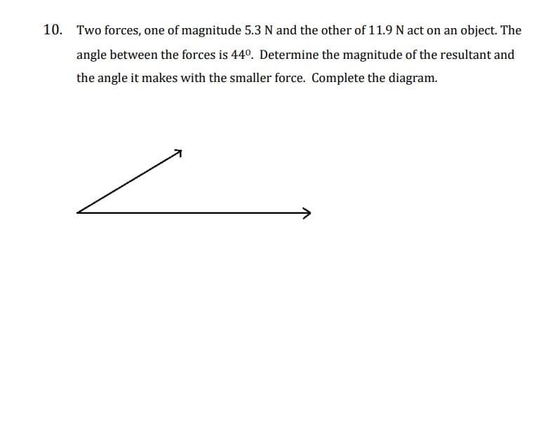 10. Two forces, one of magnitude 5.3 N and the other of 11.9 N act on an object. The
angle between the forces is 44º. Determine the magnitude of the resultant and
the angle it makes with the smaller force. Complete the diagram.