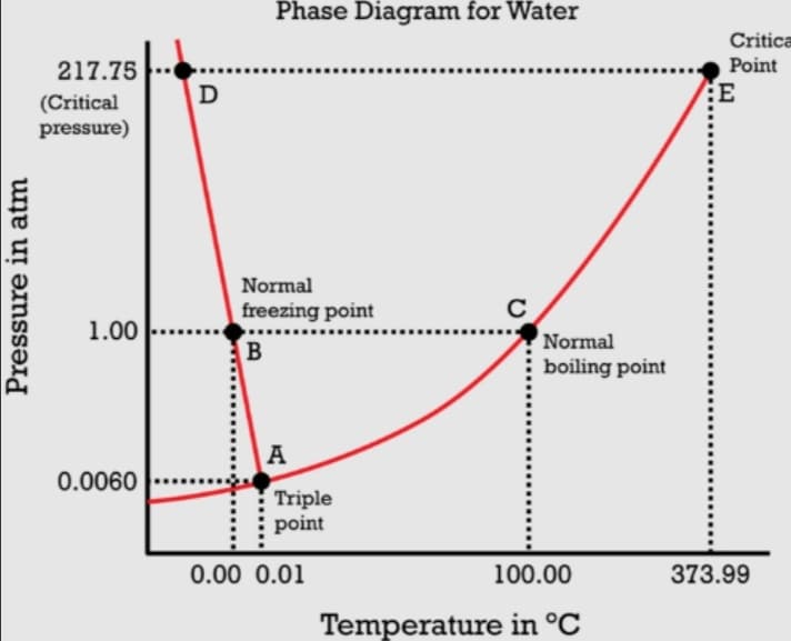 Pressure in atm
217.75
(Critical
pressure)
1.00
0.0060
D
Phase Diagram for Water
C
Normal
freezing point
B
A
Triple
point
0.00 0.01
Normal
boiling point
100.00
Temperature in °C
Critica
Point
:E
373.99