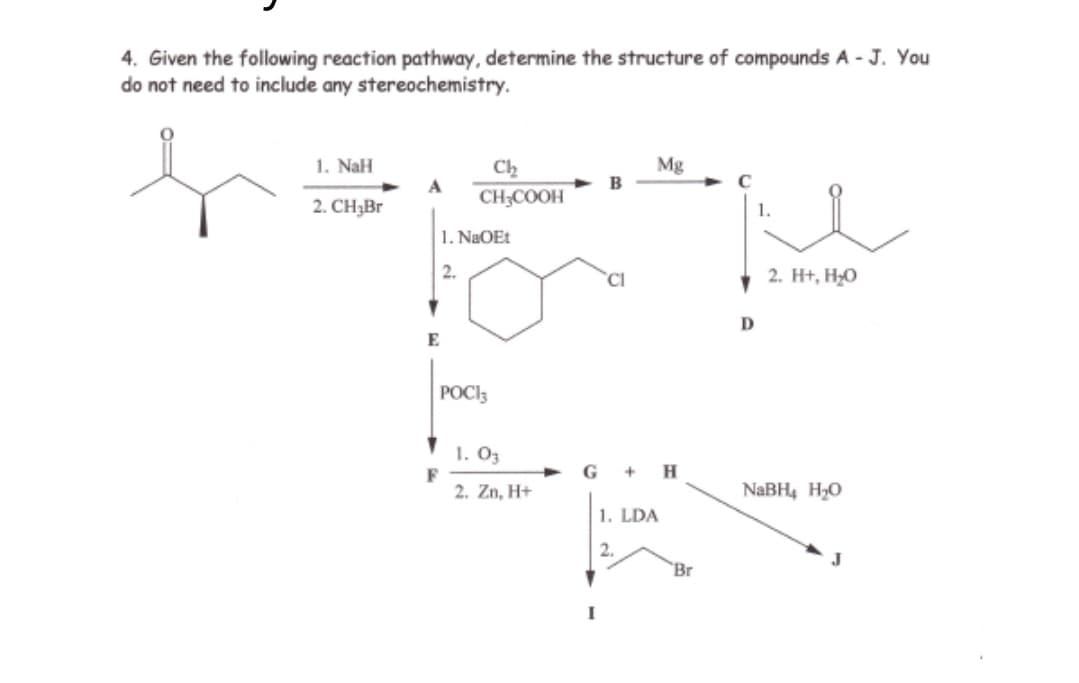 4. Given the following reaction pathway, determine the structure of compounds A - J. You
do not need to include any stereochemistry.
1. NaH
Mg
Ch
A
CH;COOH
B
2. CH3B.
1. NaOEt
2.
2. H+, H,O
E
POCI3
1. O3
F
2. Zn, H+
G + H
NABH4 H,O
1. LDA
2.
Br
