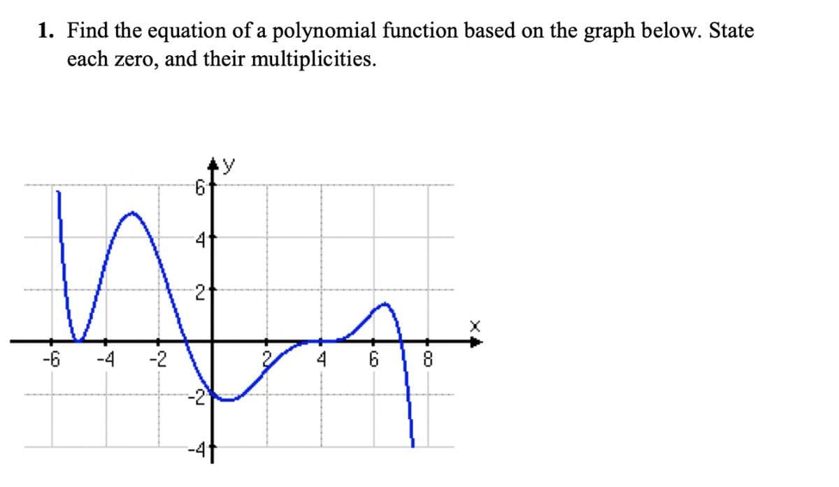 1. Find the equation of a polynomial function based on the graph below. State
each zero, and their multiplicities.
.y
41
-6
-4
-2
4 6
8
-4f
2.
