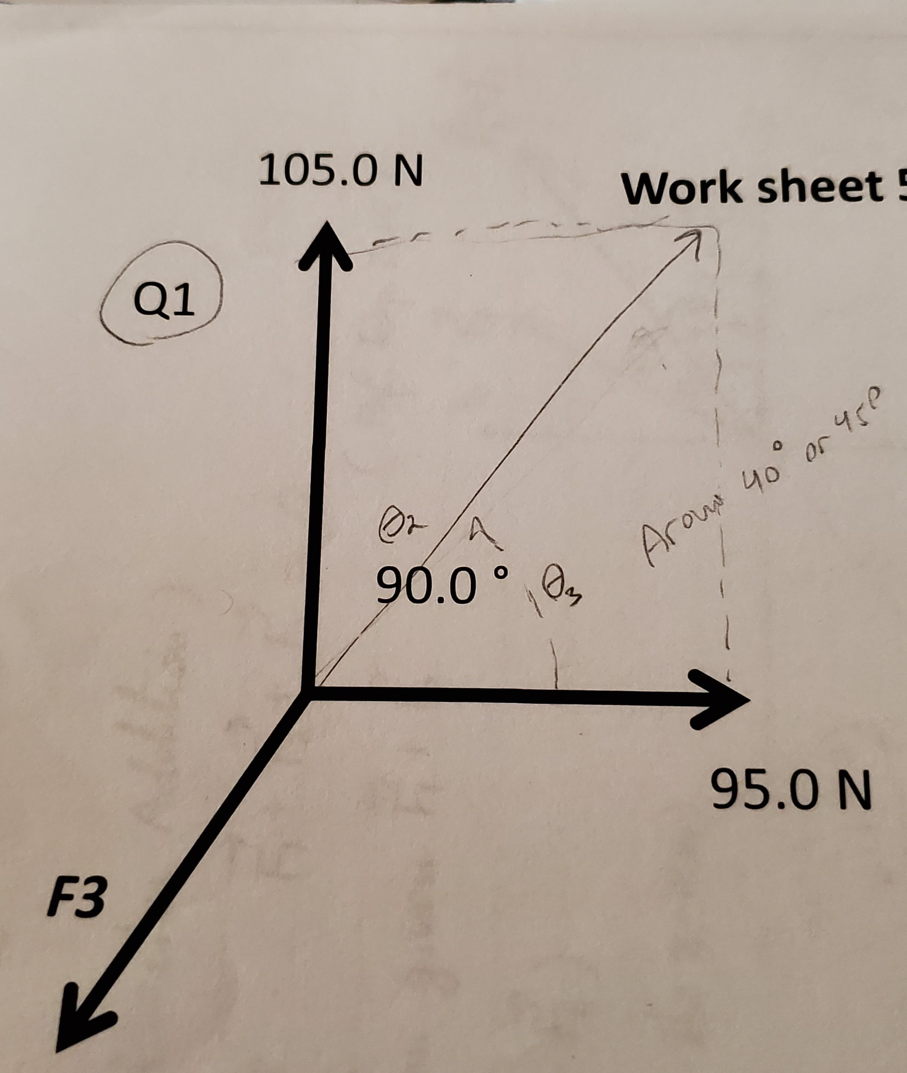 105.0 N
Work sheet 5
Q1
Or/A
90.0° 0
Arou 40 or 4rP
95.0 N
F3
