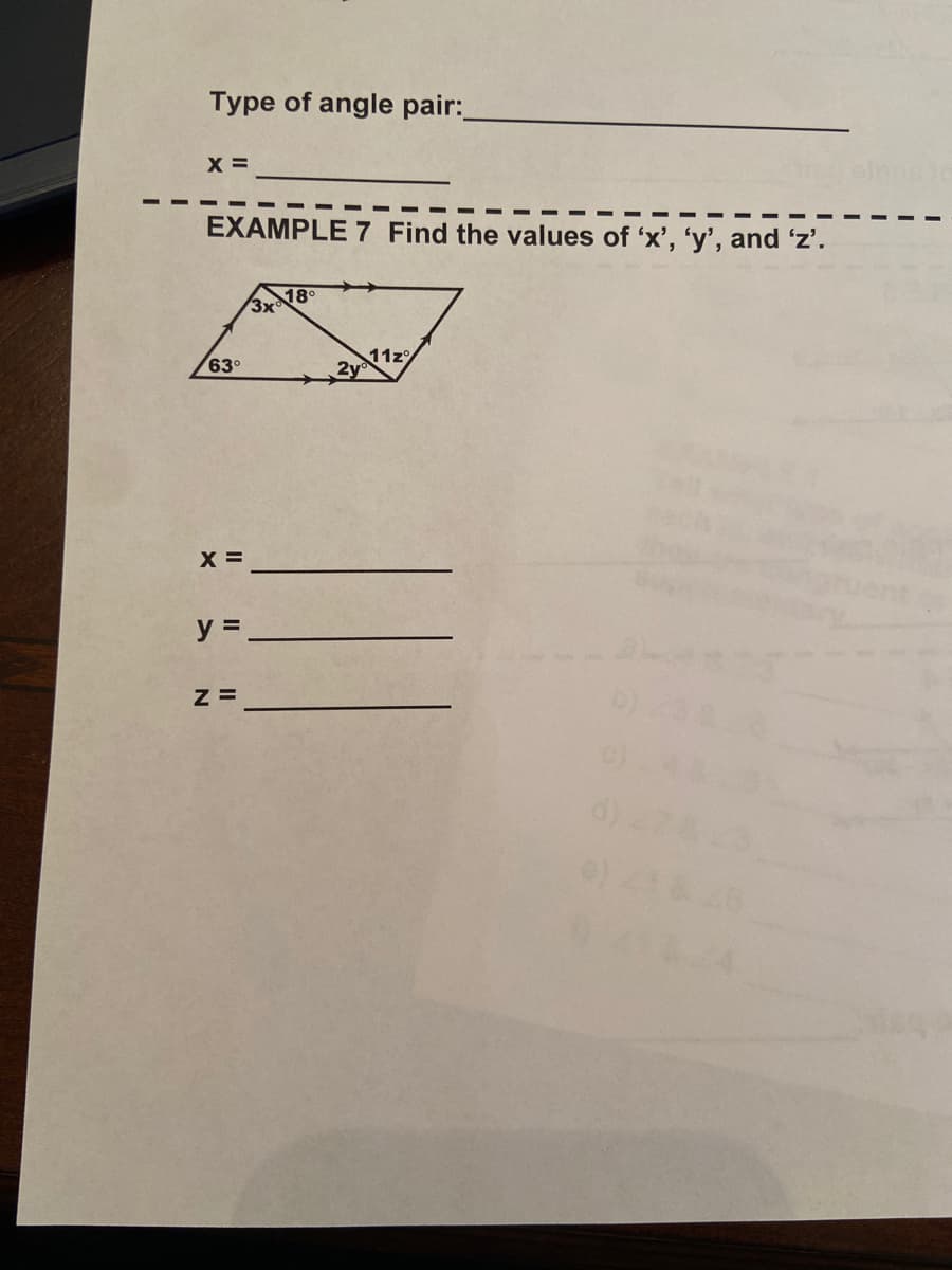 EXAMPLE 7 Find the values of 'x', 'y', and 'z'.
3x
18°
63°
11z
2y
