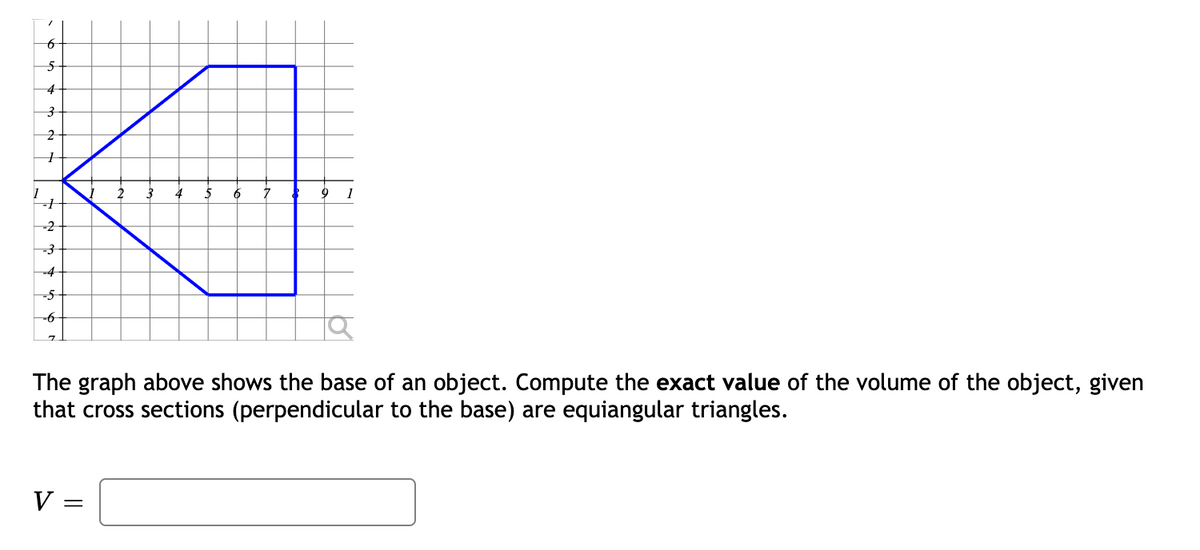5-
4
2
6
-2
-3
-4
-5
-6
7.
The graph above shows the base of an object. Compute the exact value of the volume of the object, given
that cross sections (perpendicular to the base) are equiangular triangles.
V =
