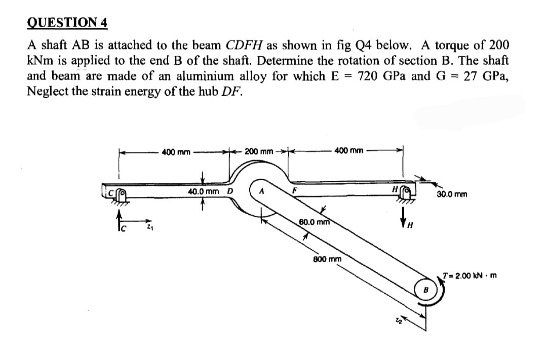 QUESTION 4
A shaft AB is attached to the beam CDFH as shown in fig Q4 below. A torque of 200
kNm is applied to the end B of the shaft. Determine the rotation of section B. The shaft
and beam are made of an aluminium alloy for which E= 720 GPa and G = 27 GPa,
Neglect the strain energy of the hub DF.
IC
400 mm 200 mm-
40.0 mm D
60.0 mm
400 mm
800 mm
HO
H
30.0 mm
T= 2.00 kN.m