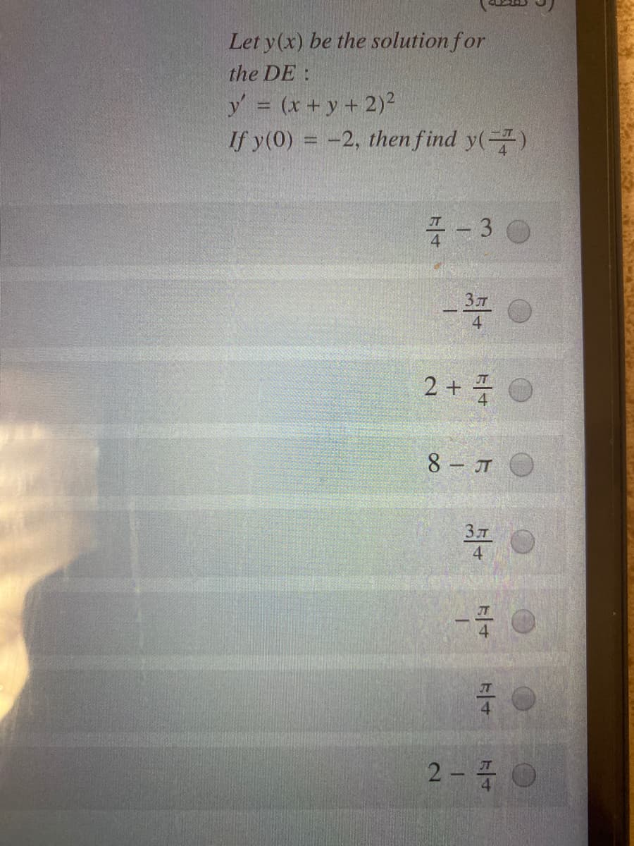 Let y(x) be the solution for
the DE:
y = (x+y + 2)²
If y(0) = -2, thenfind y()
- 3 0
2 +
8 JT
Зл
4
2-폭0
