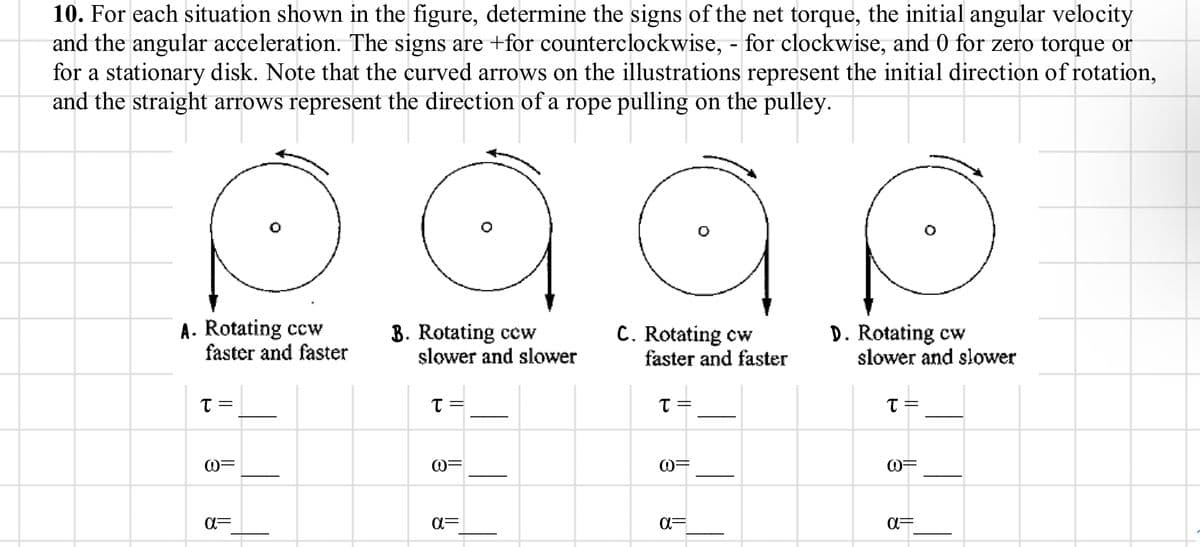 10. For each situation shown in the figure, determine the signs of the net torque, the initial angular velocity
and the angular acceleration. The signs are +for counterclockwise, - for clockwise, and 0 for zero torque or
for a stationary disk. Note that the curved arrows on the illustrations represent the initial direction of rotation,
and the straight arrows represent the direction of a rope pulling on the pulley.
A. Rotating ccw
faster and faster
B. Rotating ccw
slower and slower
C. Rotating cw
faster and faster
D. Rotating cw
slower and slower
T =
