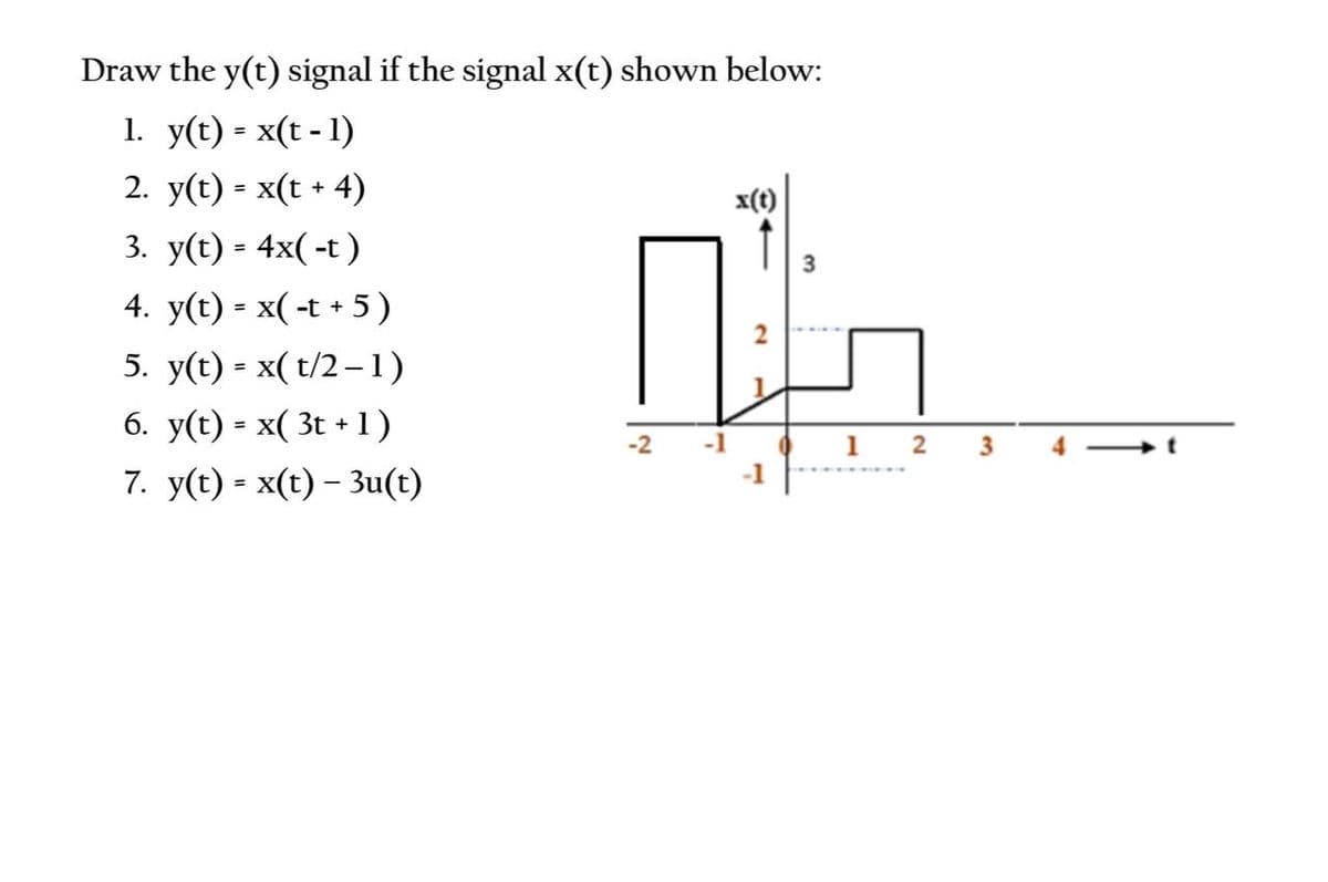 Draw the y(t) signal if the signal x(t) shown below:
1. y(t) - x(t - 1)
2. y(t) = x(t + 4)
%3D
x(t)
3. у(t) - 4x(-t)
3
4. y(t) - x(-t + 5 )
5. y(t) = x( t/2–1)
6. y(t) = x( 3t + 1)
-2
2 3
7. y(t) = x(t) – 3u(t)
%3D
