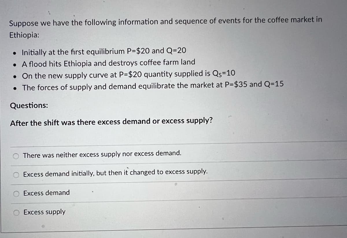 Suppose we have the following information and sequence of events for the coffee market in
Ethiopia:
• Initially at the first equilibrium P=$20 and Q=20
• A flood hits Ethiopia and destroys coffee farm land
• On the new supply curve at P=$20 quantity supplied is Qs=10
• The forces of supply and demand equilibrate the market at P=$35 and Q=15
Questions:
After the shift was there excess demand or excess supply?
There was neither excess supply nor excess demand.
Excess demand initially, but then it changed to excess supply.
Excess demand
Excess supply
