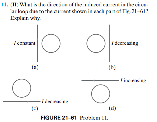 11. (II) What is the direction of the induced current in the circu-
lar loop due to the current shown in each part of Fig. 21-61?
Explain why.
I constant
(a)
(c)
- I decreasing
O
I decreasing
(b)
FIGURE 21-61 Problem 11.
(d)
-I increasing