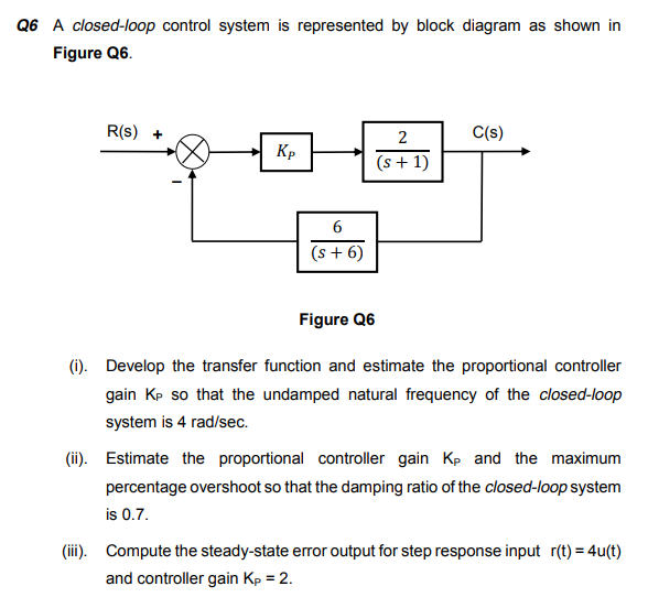 Q6 A closed-loop control system is represented by block diagram as shown in
Figure Q6.
R(s) +
C(s)
2
Kp
(s + 1)
(s + 6)
Figure Q6
(i). Develop the transfer function and estimate the proportional controller
gain Kp so that the undamped natural frequency of the closed-loop
system is 4 rad/sec.
(ii). Estimate the proportional controller gain Kp and the maximum
percentage overshoot so that the damping ratio of the closed-loop system
is 0.7.
(iii). Compute the steady-state errTor output for step response input r(t) = 4u(t)
and controller gain Kp = 2.
