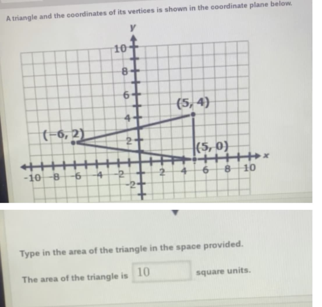 A triangle and the coordinates of its vertices is shown in the coordinate plane below.
10
8-
(5, 4)
(-6, 2)
(5, 0)
-10-86 4
8 10
-2+
Type in the area of the triangle in the space provided.
The area of the triangle is 10
square units.
69
4.
